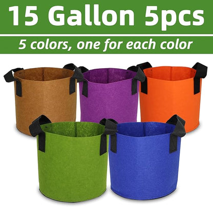 Grow Bags,Growing Pot Bags Garden Grow Bag Indoor Outdoor Fabric Aeration Plant Pot Container Flower Vegetable Pouch (Mixed 5colors,15Gallon)
