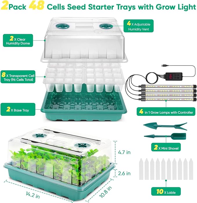Upgraded 96 Cells Seed Starter Tray with Grow Light, Seed Starting Trays with Adjustable Humidity Dome, Seed Starter Kit Plant Starter Kit for Seeds Growing Starting, Indoor Gardening, Greenhouse