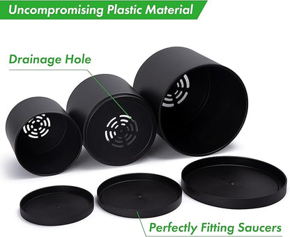 D'vine Dev 6.5 Inch 8 Inch 10 Inch, Set of 3 Plastic Planter Pots for Plants with Drainage Hole and Seamless Saucers, Black Color, Large, 74-V-B-4