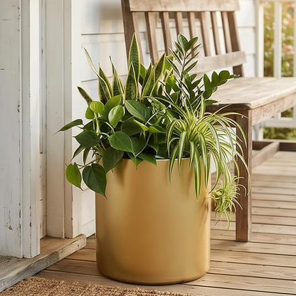 Metal Plant Pot with Drainage Hole,Mid Century Modern 7 inch Round Pot Indoor Outdoor Planters for Decorative Pots of Tabletop Living Room Bedroom Gold