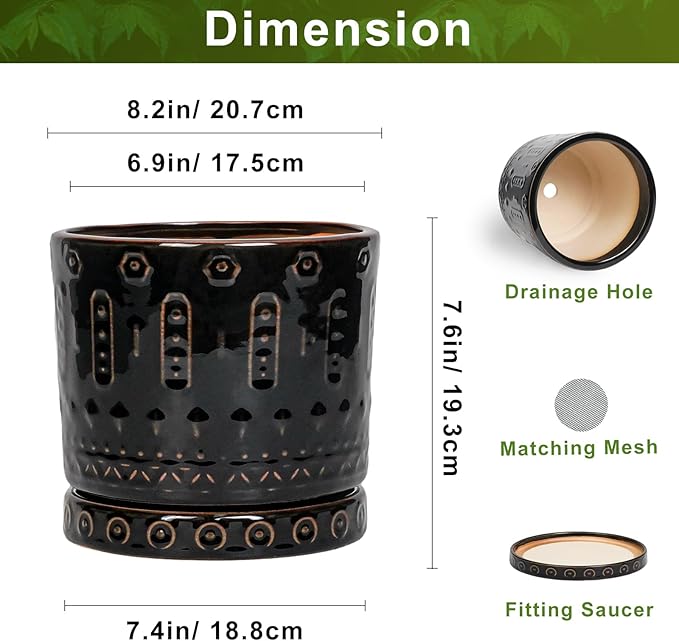 8 Inch Pots for Plants, Ceramic Plant Pot for Indoor Outdoor, Round Planter with Drainage Hole and Tray, Modern Flower Pot, Decorative Plant Pots, Room Decor, House Warming Gifts, Black