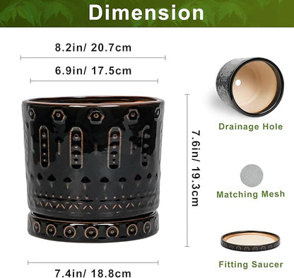 8 Inch Pots for Plants, Ceramic Plant Pot for Indoor Outdoor, Round Planter with Drainage Hole and Tray, Modern Flower Pot, Decorative Plant Pots, Room Decor, House Warming Gifts, Black