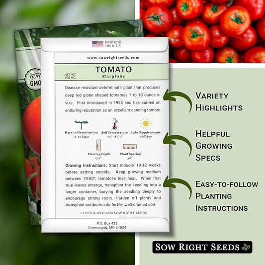 Sow Right Seeds - Marglobe Tomato Seeds for Planting - Non-GMO Heirloom Packet with Instructions to Plant and Grow a Home Vegetable Garden - Classic Medium Red Variety - Determinate Hydroponic (1)