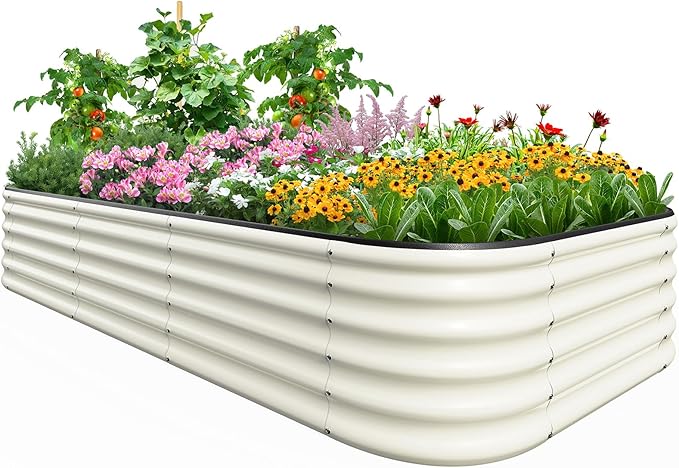 Quictent Raised Garden Bed Kit Oval Galvanized Metal Planter Box Tall for Vegetables Outdoor Backyard, Strengthened by Crossbar, Beige 8x4x1.5 ft