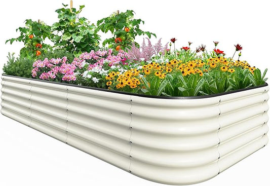 Quictent Raised Garden Bed Kit Oval Galvanized Metal Planter Box Tall for Vegetables Outdoor Backyard, Strengthened by Crossbar, Beige 8x4x1.5 ft