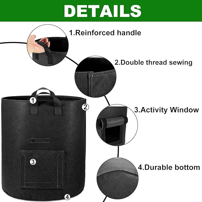 6-Pack 10 Gallon Potato Grow Bags with Flap Window, Heavy Duty Aeration Fabric Pots with Handles for Garden and Planting(Black)
