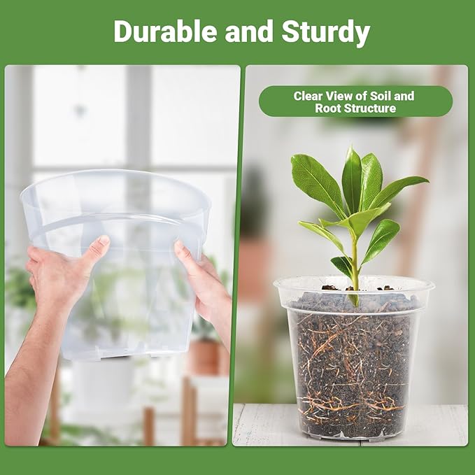 GREANER Clear Plastic Plant Pots, Plastic Planter with Drainage Holes, Nursery Pots for Indoor Outdoor with 20 Plant Labels, 12 Inch(Pack of 5)