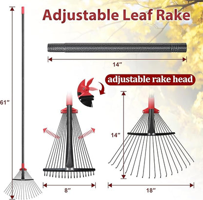 61 Inch Rake for Leaves , Adjustable 18 Tines with Expandable Head 9-18in Grass Rake Heavy Duty Metal Rakes for Women Children Yard Gardener Gardening Grass Debris Lawns