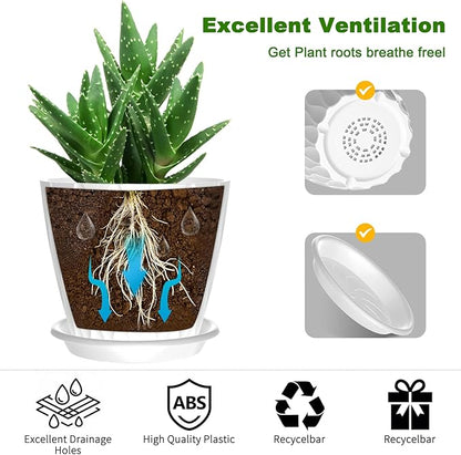 6 Pack 6 Inch Indoor Plant Pots with Drainage Holes, Outdoor Plastic Decorative Flower Pots, Garden Planters with Tray Saucers for Orchids, Violets, Succulents, Herbs, and Other Plants