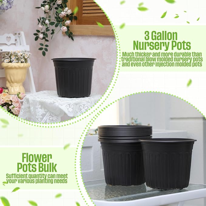 50 Pcs 3 Gallon Plant Nursery Pots Bulk Plastic Planter Flexible Flower Seedlings Pot with Drainage Hole Thickened Seed Starting Container for Flower Succulents Cuttings Transplanting