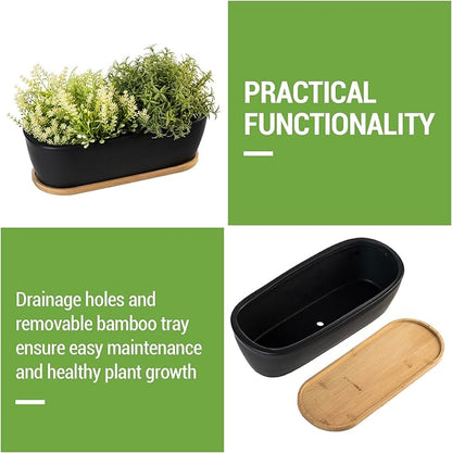 MyGift 14 Inch Oval Modern Matte Black Ceramic Succulent Planter Pot with Drainage Hole and Removable Bamboo Saucer, Decorative Indoor House Plant Container for Flowers, Cactus, Herbs