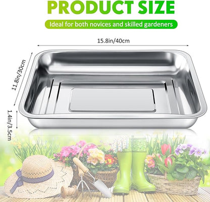 10 Pcs Stainless Steel Seed Starter Tray, Stainless Metal Garden Trays, Nursery Seedling Pots for Collection Transplantation & Propagation Flats, No Drain Holes(15.8 x 11.8 x 1.4 Inch)