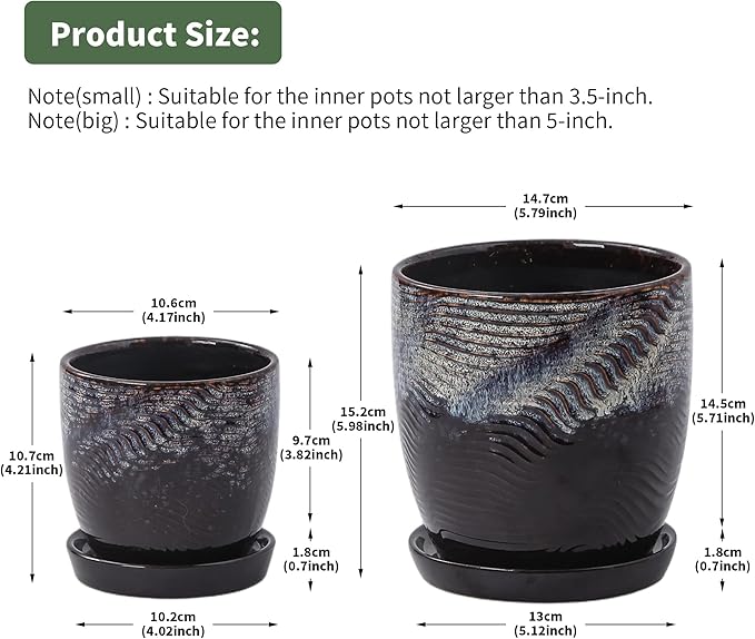 4+5.75 Inch Ceramic Planter Set of 2 with Drainage Hole and Saucer for Plants, Indoor-Outdoor Large Round Succulent Orchid Flower Pot -Reactive Color Spot(Inner-pots not Larger Than 5 Inch)