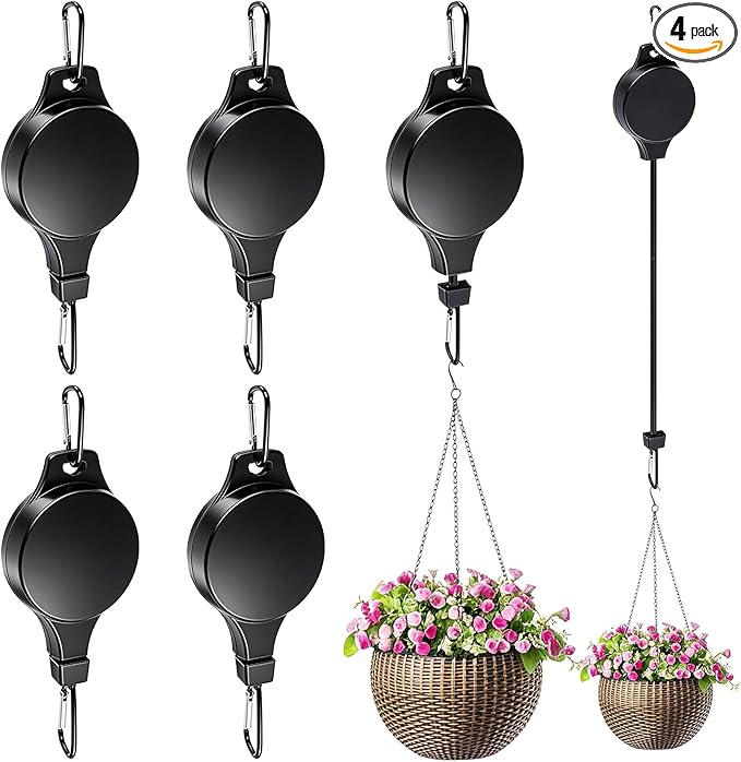 Retractable Plant Hanger with Pulley System, Effortless Raising and Lowering for Indoor and Outdoor Plants, Hanging Planters, Garden Pots & Bird Feeders (4-Pack,Black)