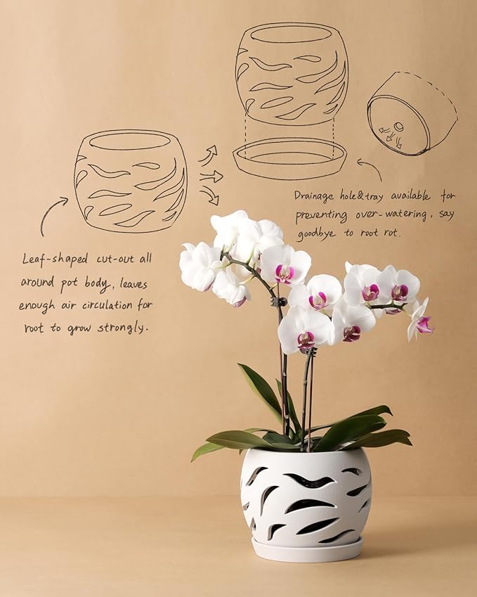 Ceramic Orchid Pot with Holes & Saucers, 5.5 inch Plant pots for Indoor and Outdoor use, Wind-Worn Texture Cutout Promoting air Circulation and Drainage(Pots Only)