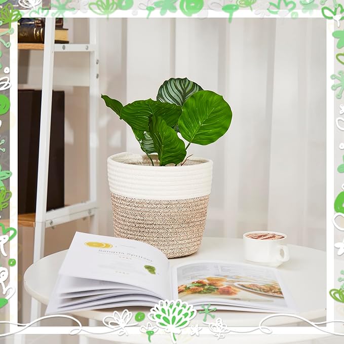 3 Pcs Cotton Rope Plant Basket with Plastic Liner Rustic Plant Basket Planters Modern Woven Decorative Pots for Home Flower Indoor Storage Decor, 7.5 x 6.5 Inches(White, Beige)