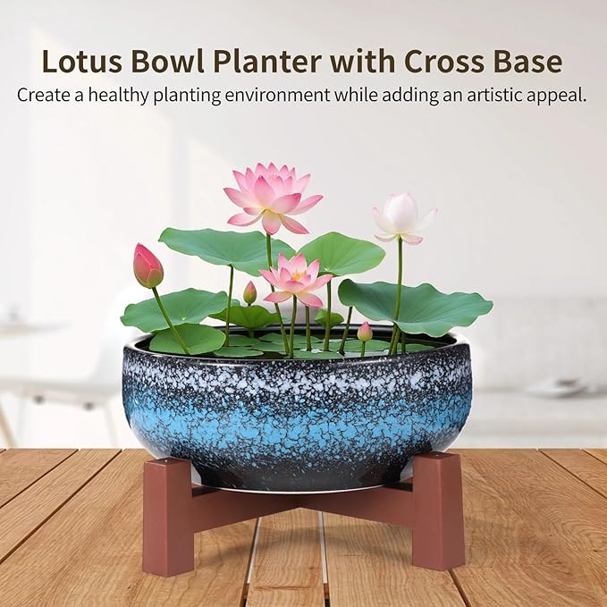 Lotus Bowl Planter with Cross Base, Ceramic Water Plant Bowl, Indoor Lotus Flower Pot with Starry Texture, Leakproof Bonsai Bowl, Hydroponic Planter for Aquatic Plants, Lilies, and Succulents