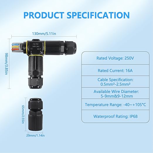3PCS IP68 Waterproof Electrical Cable Connector, Outdoor 3 Pin T Shape Junction Box, Electrical Wire Connector for 5-9mm/9-12mm Wire Range