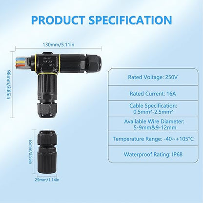 3PCS IP68 Waterproof Electrical Cable Connector, Outdoor 3 Pin T Shape Junction Box, Electrical Wire Connector for 5-9mm/9-12mm Wire Range