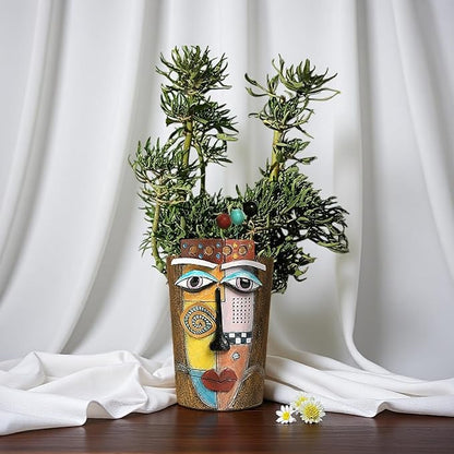 Picasso Abstract Face Flower Pot,Plant Pot with Facial Expressions,Handmade Resin Plant Pot with Drainage Holes,for Indoor and Outdoor Botanical Home décor (Brown Large)