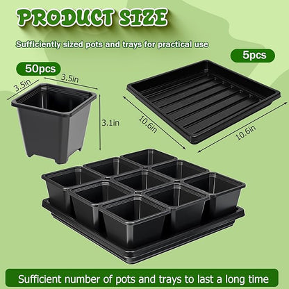 NNG 3.5 inch 50 Pcs Black Square Nursery Pots with 5 Pcs Plastic Seed Starting Trays,Plant Propagation Starter Kit Square Seed Starting Pots with Drain Holes