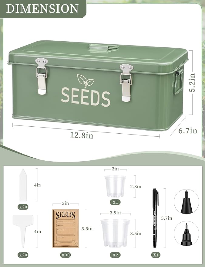Metal Seed Storage Organizer, Seed Storage Box with Safety Locks, Compartments Box with 3 Clear Plant Nursery Pots, 40 Plant Labels, 30 Seed Envelopes, 1 Marker Pen