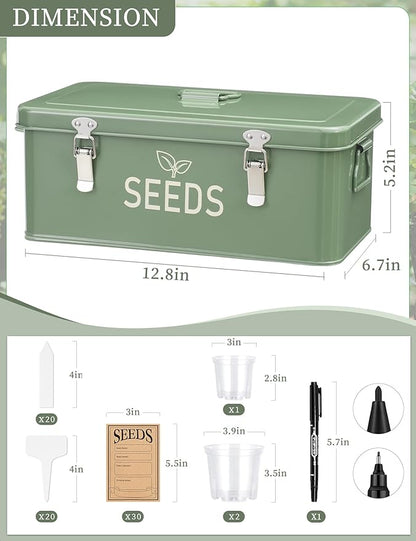 Metal Seed Storage Organizer, Seed Storage Box with Safety Locks, Compartments Box with 3 Clear Plant Nursery Pots, 40 Plant Labels, 30 Seed Envelopes, 1 Marker Pen