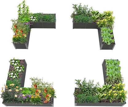 A ANLEOLIFE 4 Set L-Shaped Galvanized Raised Garden Beds Outdoor,74x74x18in Large Metal Planter Box for Planting Vegetables Flowers Herb, Anti-Rust & Easy-Setup, Quartz Grey