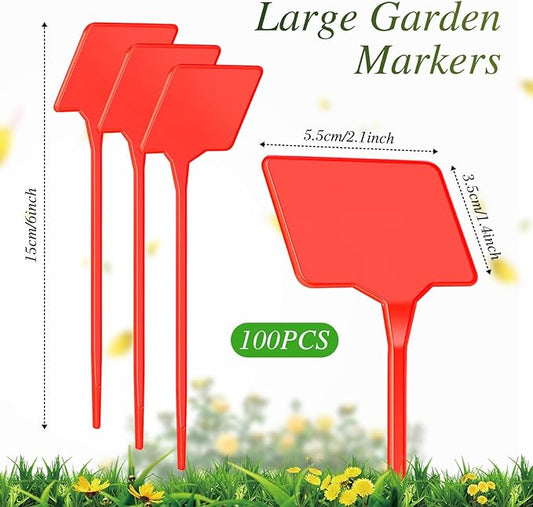 Marsui 202 Pcs Large Plant Labels Kit, Include 100 Outdoor Plastic Plant T Type Tags Waterproof Reusable Plant Markers Stakes, 100 PET Films and 2 Marker Pens for Herbs Pot(Red,6 Inch)
