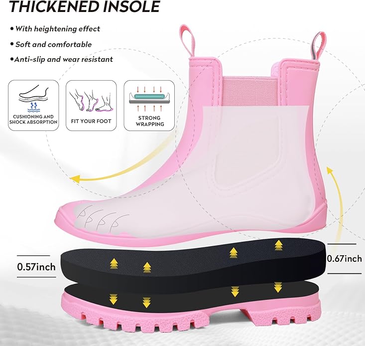 DKSUKO Rain Boots Women Waterproof Chelsea Boots Ankle Garden Shoes for Ladies Rubber Short Rainboots with Removable Comfort Insole for Outdoor Work Deck Mud Boots