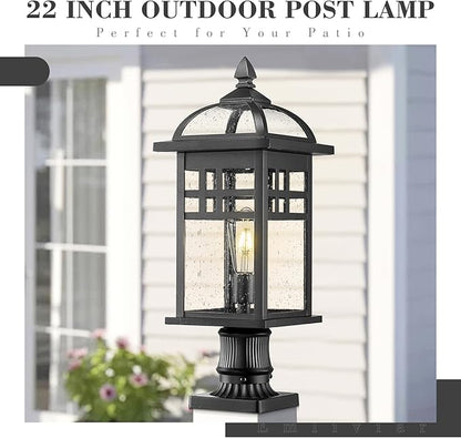 Emliviar 22" Outdoor Post Light, Large Exterior Post Lamp for Garden Backyard, Die-cast Aluminum with Seeded Glass, Black Finish, DE281P-M BK