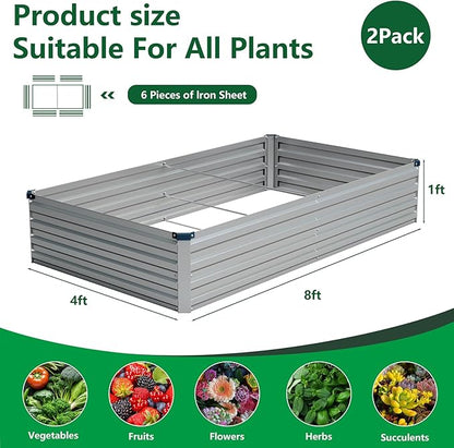 Vengarus 8x4x1FT (2 Pack) Galvanized Raised Garden Bed Kit, Outdoor Metal Planter Box for Vegetables, Rectangular Steel Container, Easy Assembly (Silver)