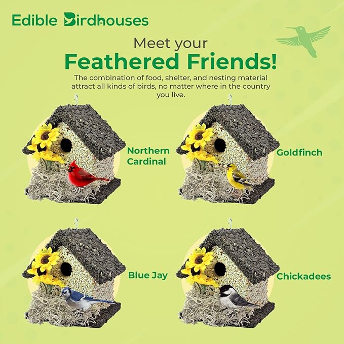 Edible Birdhouse - Birdseed Bird Feeder, Wooden Birds Houses Covered in Wild Bird Food, Squirrel Resistant Birds Feeders for Outside Hanging, Watching Gift for Garden Lovers, (SD)