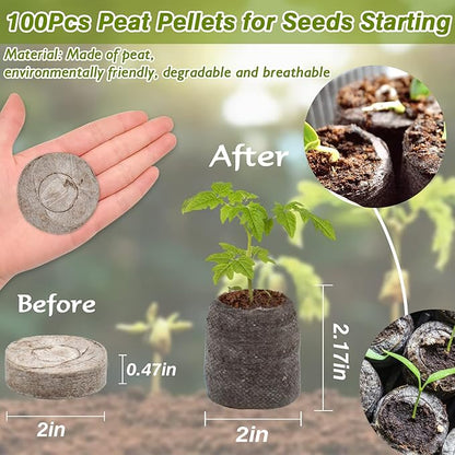 ZeeDix 100 Pcs (50mm) Peat Pellet Fiber Soil Plant Seed Starters - Plugs Pallet Seedling Soil Block, Seed Fertilizer Nutrient Block Compressed Peat Block for Grow Herbs, Plant,Flowers and Vegetables