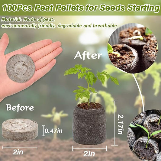 ZeeDix 100 Pcs (50mm) Peat Pellet Fiber Soil Plant Seed Starters - Plugs Pallet Seedling Soil Block, Seed Fertilizer Nutrient Block Compressed Peat Block for Grow Herbs, Plant,Flowers and Vegetables