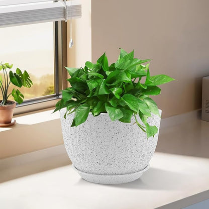 12/10/9 inch Plant Pots, 3 Pack Flower Pots for Outdoor Indoor Garden Plants, Large Planters with Multi Mesh Drainage Holes and Saucer (Speckled White, 12"+10"+9")
