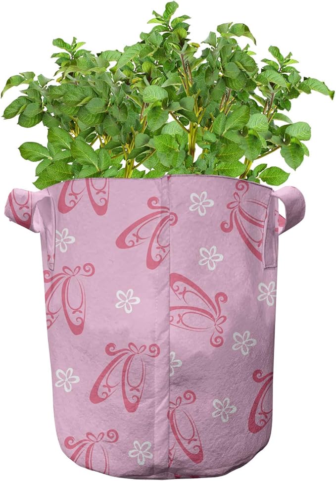 Ambesonne Ballet Grow Bags 5-Pack, Pointe Shoes with Flowers, Heavyduty Fabric Pots with Handles for Plants, Pink White