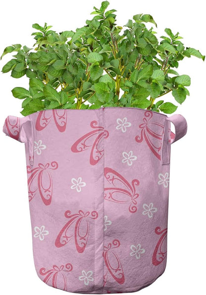 Ambesonne Ballet Grow Bags 5-Pack, Pointe Shoes with Flowers, Heavyduty Fabric Pots with Handles for Plants, Pink White