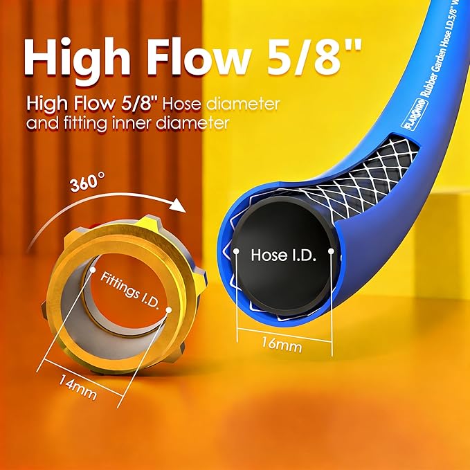 5/8 IN. × 10FT. Flexible Rubber Garden Hose, High Flow 5/8" I.D. Brass Fitting No Memory Durable Heavy Duty Water Hose Leader Hose for Watering, Irrigation, Water Transfer Pump
