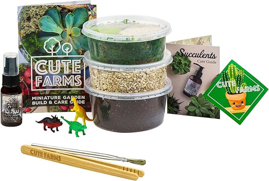 Cute Farms Terrarium Starter Kit | Moss, Vermiculite, Soil, Pebbles, Plant Food, Finishing Tools, Build and Care Guide | DIY Succulent Terrarium (Small)