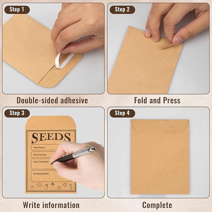 150pcs Seed Saving Envelopes, 4.7x3.1 Inch Reusable Seed Kraft Storage Organizer Packets Envelopes Printed with Types Name Template for Flower Vegetable Plants Garden Seeds Saving & Collecting