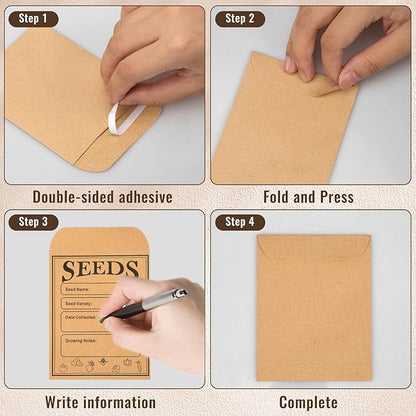 150pcs Seed Saving Envelopes, 4.7x3.1 Inch Reusable Seed Kraft Storage Organizer Packets Envelopes Printed with Types Name Template for Flower Vegetable Plants Garden Seeds Saving & Collecting