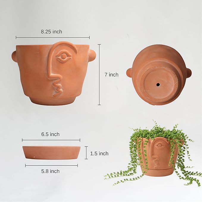 8 Inch Terracotta Abstract Face Planter with Drainage & Saucer – Large Artistic Statement Pot for Indoor & Outdoor Plants, Sculptural Boho Home Decor, Unique Art Gift