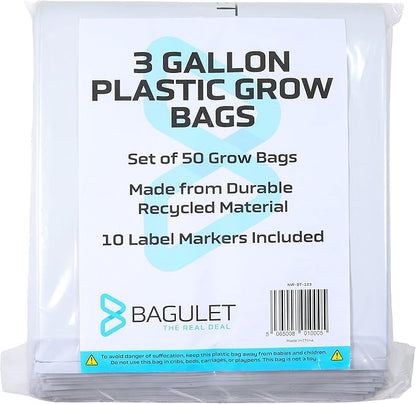 Plastic Grow Bags - 3 Gallon Bag - 50 Pack - UV Protected Plant Nursery in White and Black Poly - Great for Garden Growing Potato Seedling Mushrooms Vegetables - 10 Plastic Tags Included