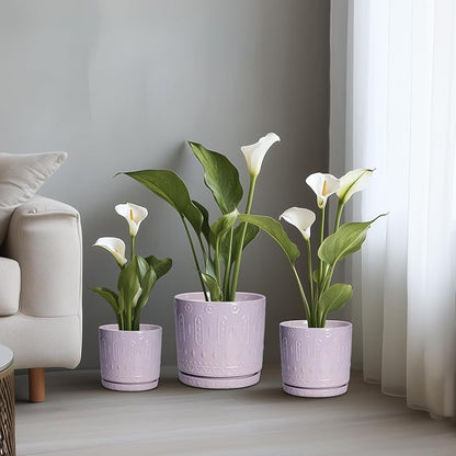 Ceramic Plant Pots, 12 Inch Pots for Plants Indoor Outdoor, Round Planter with Drainage Hole and Tray, Modern Decorative Flower Pot, Home Apartment Decor, House Warming Gifts, Purple