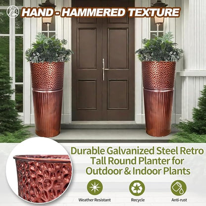 2 Pcs Pack Metal Tall Tapered Planter Pots Large Round Planter Flower Pot with Drainage Holes for Indoor Outdoor Deck Porch Garden Home Patio Front Door (Glossy Copper, Medium)