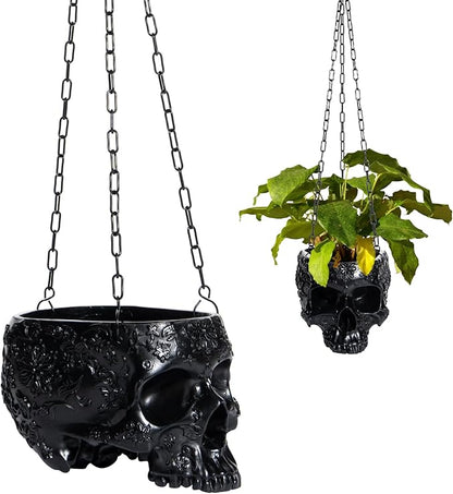 Hanging Skull Planter Pot with Chain and Hook Gothic Skeleton Candy Bowl Trick or Treat Bucket Spooky Skull Flower Pot Creepy Horror Home Decor Outdoor Indoor Garden Decoration 6 Inch Black Planter