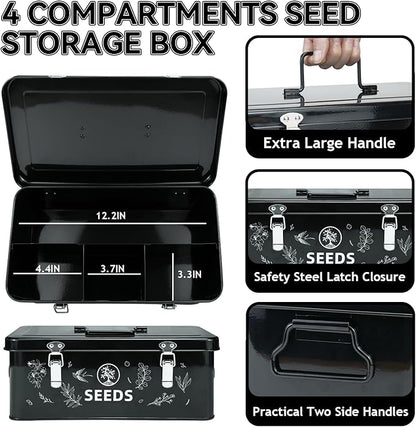 Seed Storage Box, Seed Storage Organizer with Garden String, 30 Seed Envelopes and Bamboo Plant Labels, 4 Compartments Garden Seed Organizer Box with Safety Locks, Black