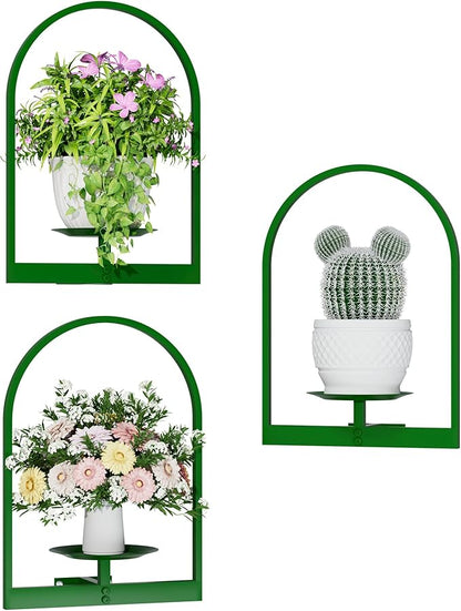 Green Metal Wall Plant Holder - 3-Pack Wall Mounted Plant Stands and Hanging Holders for Indoor Planter and Flower Pot - Arch Decor Shelf for Plant Storage (Pot Not Included)