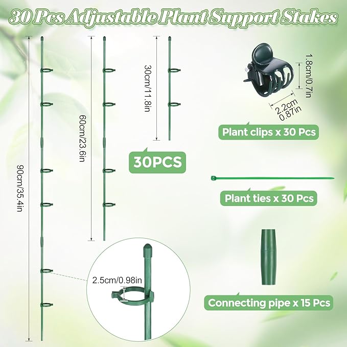 30 Pcs Adjustable Plant Sticks, 12 in Plant Support Sticks Plant Support Stakes with Orchid Clips Garden Ties Plant Support Cage for Potted Plants Indoor Orchid Flower Tomato, Green